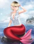  1girl armpit_peek artist_name bangs blonde_hair breast_pocket breasts brown_eyes cleavage closed_mouth cloud collarbone freckles full_body gigamessy hand_up head_fins heather_mason highres jewelry medium_breasts mermaid monster_girl monsterification ocean outdoors pendant pocket rock scales short_hair silent_hill_(series) silent_hill_3 sitting snowing solo vest water watermark white_vest 