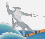 anthro blue_eyes fish gesture grey_body grey_skin kolvackh male marine muscular muscular_male nude shark simple_background solo solo_focus v_sign wakeboard water wave white_background 