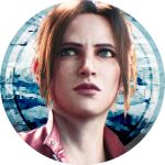  1girl :| avatar_icon claire_redfield close-up closed_mouth commentary_request green_eyes jacket logo lowres official_art parted_bangs ponytail red_jacket resident_evil resident_evil:_death_island short_hair solo transparent_background upper_body 