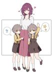  1boy 2girls aged_down alternate_costume anaketsu blush caelus_(honkai:_star_rail) grey_hair heart high_heels highres honkai:_star_rail honkai_(series) hug kafka_(honkai:_star_rail) long_skirt multiple_girls purple_hair shoes shorts skirt smile stelle_(honkai:_star_rail) suspenders trailblazer_(honkai:_star_rail) 