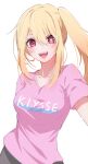  1girl blonde_hair blush hair_between_eyes highres hoshino_ruby open_mouth oshi_no_ko pink_eyes pink_shirt re_(re_09) shirt side_ponytail smile star-shaped_pupils star_(symbol) symbol-shaped_pupils 