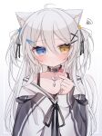 1girl ahoge animal_ear_fluff animal_ears black_camisole black_collar black_ribbon blue_eyes blush brown_eyes camisole cat_ears cat_girl cat_tail closed_mouth collar collarbone commentary_request finger_heart gradient_background grey_background grey_hair hair_between_eyes hair_ornament hair_ribbon hairclip hands_up heart heterochromia highres jacket long_hair long_sleeves original puffy_long_sleeves puffy_sleeves ribbon ringouulu sleeves_past_fingers sleeves_past_wrists solo squiggle tail twitter_username two_side_up upper_body very_long_hair white_background white_jacket x_hair_ornament 