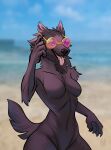  5_fingers absurd_res anthro beach black_body canid canine canis domestic_dog eyewear female fingers fur gerda glasses herding_dog hi_res looking_at_viewer mammal pastoral_dog seaside smile solo summer tavris 