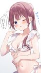  1girl absurdres bikini blue_eyes blush breasts brown_hair cleavage commentary_request highres jewelry long_hair necklace one_eye_closed open_mouth original ponytail simamura_hibari solo speech_bubble sweat swimsuit translation_request white_bikini 