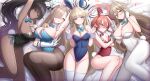  5girls absurdres akane_(blue_archive) akane_(bunny)_(blue_archive) animal_ears asuna_(blue_archive) asuna_(bunny)_(blue_archive) between_breasts black_hair blonde_hair blue_archive blue_eyes breasts brown_eyes brown_hair card card_between_breasts dark-skinned_female dark_skin double_v fake_animal_ears fake_tail fishnet_pantyhose fishnets halo highres karin_(blue_archive) karin_(bunny)_(blue_archive) large_breasts laxiusart leotard long_hair lying medium_breasts multiple_girls neru_(blue_archive) neru_(bunny)_(blue_archive) official_alternate_costume on_back on_side pantyhose pink_hair playboy_bunny playing_card rabbit_ears rabbit_tail red_eyes short_hair small_breasts tail thighband_pantyhose thighhighs toki_(blue_archive) toki_(bunny)_(blue_archive) v very_long_hair white_pantyhose white_thighhighs yellow_eyes 
