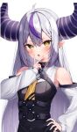  1girl :o ahoge ascot braid braided_bangs collared_dress commentary_request demon_horns detached_sleeves dress grey_hair hair_between_eyes hand_on_own_hip highres hololive horns la+_darknesss la+_darknesss_(1st_costume) long_hair long_sleeves looking_at_viewer mop_sy multicolored_hair purple_hair simple_background sleeveless sleeveless_dress solo streaked_hair striped_horns v-shaped_eyebrows v_over_mouth virtual_youtuber white_background yellow_ascot yellow_eyes 