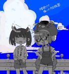  2girls =3 ahoge ahoge_wag alternate_costume blade blue_sky blunt_bangs blush bow closed_eyes clothes_lift cloud cloudy_sky collarbone commentary_request day eel_hat expressive_hair fang feet_out_of_frame fukomo furrowed_brow glasses greyscale guard_rail hair_bow hair_ornament hairclip halftone hands_on_own_hips headgear highres hot lifted_by_self long_hair low_twintails midriff_peek monochrome multiple_girls navel open_mouth otomachi_una otomachi_una_(talkex) outdoors overalls rectangular_eyewear semi-rimless_eyewear shirt shirt_lift shorts sky smile smug spot_color standing striped striped_bow summer sweat t-shirt talkex touhoku_kiritan translation_request twintails v-shaped_eyebrows visor_cap voiceroid wavy_mouth wilted_ahoge 