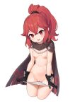  1girl anna_(fire_emblem) black_gloves blush breasts brown_cape cape cat-quest-sun cropped_legs fire_emblem fire_emblem_engage gloves hair_between_eyes head_tilt highres long_hair looking_at_viewer navel nipples open_mouth panties panty_pull ponytail pulled_by_self pussy red_eyes red_hair simple_background small_breasts smile solo sweat underwear white_background white_panties 