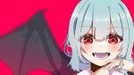  1girl :d bat_wings blue_hair blunt_bangs blurry blurry_background blush commentary_request depth_of_field dot_nose fangs hair_between_eyes hand_up highres light_blue_hair looking_at_viewer medium_hair no_headwear nuts_syake open_mouth portrait red_eyes remilia_scarlet smile soft_focus solo teeth tongue touhou wings 