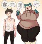  2023 absurd_res anthro big_breasts blue_body blush blush_lines bodily_fluids bottomwear breasts bulge clothed clothing dialogue duo english_text eyes_closed eyewear female generation_1_pokemon glasses hi_res human male mammal nintendo open_mouth pants pokemon pokemon_(species) saltyxodium slightly_chubby smile snorlax speech_bubble sweat sweater sweaty_clothing text thick_thighs topwear white_body wide_hips 