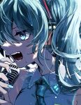  1girl bangs blue_eyes blue_hair blue_nails blue_necktie collared_shirt commentary danjou_sora hair_between_eyes hatsune_miku highres holding holding_microphone long_hair microphone nail_polish necktie profile shirt sleeveless sleeveless_shirt solo sweat twintails upper_body vocaloid white_shirt 