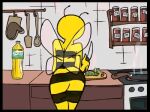  animated antennae_(anatomy) anthro arthropod bee big_breasts big_butt blush bodily_fluids breasts butt clothing cooking female humor hymenopteran insect lena_the_bee low_res pun red_medusa russian_cooking_oil_commercial solo sweat sweaty_breasts text wide_hips wings yellow_body 