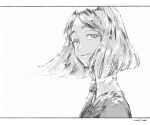  1other bob_cut border collared_shirt commentary from_side gem_uniform_(houseki_no_kuni) greyscale highres houseki_no_kuni lililin looking_at_viewer looking_to_the_side monochrome necktie other_focus parted_hair portrait shirt short_hair signature simple_background smile solo sparkle yellow_diamond_(houseki_no_kuni) 
