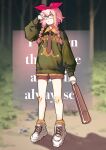  1girl absurdres alternate_costume arknights artist_name bandaid bandaid_on_knee bandaid_on_leg baseball_bat blue_eyes bow braid chemical_structure dated english_text forest gloves green_sweater hair_bow highres holding holding_baseball_bat may_(arknights) nature orange_shirt orange_socks outdoors pink_hair rectangular_eyewear red_bow rryy semi-rimless_eyewear shirt shoes short_hair_with_long_locks sneakers socks solo sweater twin_braids white_footwear white_gloves 