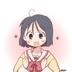  1girl ahoge artist_name black_eyes black_hair blush_stickers bow bowtie cardigan clenched_hand gradient_background hands_up highres long_sleeves looking_down nichijou open_mouth pink_background red_bow red_bowtie sailor_collar school_uniform shinonome_nano short_hair sparkle sun_visor_(mata69) surprised tokisadame_school_uniform twitter_username white_background white_sailor_collar yellow_cardigan 