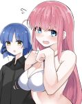  2girls :o barefoot black_shirt blue_eyes blue_hair blush bocchi_the_rock! bra breast_awe breast_hold breasts cleavage collared_shirt commentary crossed_bangs curvy embarrassed flying_sweatdrops gotou_hitori hair_between_eyes hair_ornament hairclip highres large_breasts long_hair looking_at_breasts mame1645 midriff mole mole_under_eye motion_lines multiple_girls one_side_up open_mouth pink_hair shirt short_hair sidelocks simple_background straight_hair tears underwear upper_body very_long_hair white_background white_bra yamada_ryou yellow_eyes 