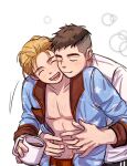  2boys :d arm_hair bara bare_pectorals black_hair blonde_hair blue_pajamas blush cheek-to-cheek cheek_press chest_hair closed_eyes coffee coffee_mug couple cup david_king_(dead_by_daylight) dead_by_daylight facial_hair felix_richter flower_tattoo hairy happy heads_together highres holding holding_cup hug hug_from_behind male_focus mug multiple_boys muscular muscular_male navel_hair neck_tattoo open_clothes open_mouth pajamas pants pectorals shirt shoes short_hair smile sneakers stubble sweatpants tattoo undercut wasted_m9 white_background white_shirt yaoi 
