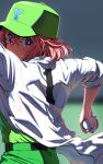 1girl ball baseball_(object) baseball_cap belt black_belt blurry blurry_background commentary_request day depth_of_field from_behind green_headwear green_pants green_shirt hair_between_eyes hat highres holding holding_ball jacket looking_at_viewer looking_back nijisanji outdoors pants pettan_p red_eyes red_hair sasaki_saku shirt solo virtual_youtuber white_jacket 