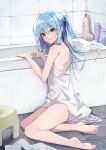  1girl absurdres bath_stool bathroom bathtub blue_eyes blue_hair highres hololive hoshimachi_suisei indoors long_hair looking_at_viewer naked_towel ninjyang0903 shampoo_bottle sitting smile solo star_(symbol) star_in_eye stool symbol_in_eye tile_wall tiles towel virtual_youtuber wariza white_towel 