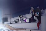  absurd_res anthro bottomless canid canine canis clothed clothing dream_mirage food footwear fox furniture hi_res hybrid kayla_kitsune legwear mammal panties pizza socks sofa solo teenager thigh_highs underwear wolf young 