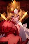  1girl blonde_hair braid breasts commentary_request crown dragon_claw dragon_tail echo_(circa) facial_mark fate/grand_order fate_(series) french_braid looking_at_viewer nero_claudius_(fate) outstretched_arm queen_draco_(fate) red_eyes revealing_clothes robe small_breasts smile solo tail upper_body white_robe 