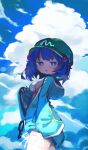  1girl absurdres bikini blue_eyes blue_hair blue_jacket chii_(tsumami_tsumamare) cloud cloudy_sky commentary cowboy_shot day flat_cap from_side green_headwear hair_bobbles hair_ornament hat highres hood hooded_jacket jacket kawashiro_nitori open_clothes open_jacket short_hair sky sleeves_past_fingers sleeves_past_wrists solo swimsuit symbol-only_commentary touhou two_side_up white_bikini 