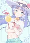  1girl bikini blue_eyes blue_shirt bracelet braid crazy_straw crop_top crossed_arms drink drinking_straw earrings eyelashes eyewear_on_headwear flower gold_necklace hat hat_flower heart_straw hibiscus highres holding holding_drink ice ice_cube jazz_grace jewelry long_hair looking_at_viewer madou_monogatari navel necklace o-ring o-ring_bikini puyopuyo red_flower rulue_(puyopuyo) shirt smile solo split_mouth sunglasses swimsuit white_headwear 