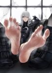  1girl absurdres ak-15_(girls&#039;_frontline) barefoot boots boots_removed commentary commission crossed_legs english_commentary feet foot_focus foreshortening girls&#039;_frontline greek_toe grey_eyes grey_hair hair_over_one_eye highres long_hair long_toes looking_at_viewer nikishiko pixiv_commission presenting_foot sitting smell soles solo spread_toes steaming_body toenails toes 