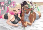  2girls bare_shoulders black_hair blonde_hair blush breasts dark-skinned_female dark_skin gradient_hair green_eyes green_hair highres jtveemo large_breasts long_hair looking_at_viewer marina_(splatoon) multicolored_hair multiple_girls open_mouth pearl_(splatoon) pink_hair pointy_ears short_hair smile splatoon_(series) splatoon_2 suction_cups tentacle_hair thighhighs thighs tongue tongue_out yellow_eyes 