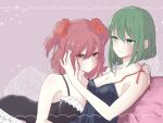  2girls alternate_costume asymmetrical_hair black_dress breasts cleavage closed_mouth commentary_request dress flower green_eyes green_hair hair_flower hair_ornament highres hug looking_at_viewer medium_breasts multiple_girls onozuka_komachi pink_background red_hair shiki_eiki shouko_(airen) smile touhou two_side_up yuri 