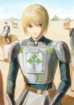  2others absurdres alternate_costume androgynous armor blonde_hair breastplate citroaka crystal_earrings earrings highres horse hunter_x_hunter jewelry kurapika long_sleeves looking_to_the_side multiple_others red_eyes short_hair shoulder_armor solo 