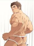  ass ass_focus back back_focus bara black_eyes blush brown_hair character_request clenched_hand closed_mouth curtains dark-skinned_male dark_skin facial_hair from_behind goatee jockstrap large_pectorals looking_at_viewer looking_back male_focus male_underwear muscular muscular_male original pectorals short_hair signature stubble sunfight0201 thick_eyebrows underwear underwear_only wedgie white_background 