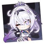  +_+ 1girl ;) bare_shoulders black_flower black_gloves blue_eyes breasts chibi closed_mouth commentary_request dress flower gloves gradient_hair grey_hair hair_between_eyes honkai_(series) honkai_impact_3rd jiu_fanglianhua kiana_kaslana kiana_kaslana_(herrscher_of_finality) long_hair medium_breasts multicolored_hair one_eye_closed pointing pointing_at_viewer ponytail purple_hair smile solo very_long_hair white_dress 