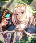  1boy blue_butterfly blue_cape blue_eyes bug butterfly butterfly_wings cape diamond_hairband eiki_(eikityou_55) eyelashes fate/grand_order fate_(series) forest frilled_shirt_collar frills fur-trimmed_cape fur_trim grey_hair highres juliet_sleeves long_hair long_sleeves looking_at_animal male_focus nature oberon_(fate) outdoors puffy_sleeves shirt short_hair smile solo sunlight upper_body white_shirt wings 