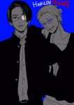  2boys blue-tinted_eyewear blue_background buttons collarbone collared_jacket collared_shirt colored_text copyright_name earrings english_text eyepatch eyewear_strap fingernails gakuran gangster glasses greyscale_with_colored_background hair_behind_ear hair_slicked_back hatta_ayuko high_&amp;_low high_&amp;_low:_the_worst highres jacket jewelry lips long_sleeves looking_at_viewer male_focus medical_eyepatch multiple_boys nose odajima_yuuken one_eye_covered open_clothes open_jacket open_mouth parted_hair rectangular_eyewear rimless_eyewear round_eyewear school_uniform serious shirt short_hair short_ponytail side-by-side simple_background single_earring sleeveless sleeveless_shirt smile spot_color teeth tinted_eyewear todoroki_yousuke unbuttoned upper_body upper_teeth_only 