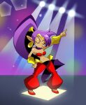  breasts cleavage clothed clothing ear_piercing ear_ring eyes_closed female footwear genie hair hi_res humanoid humanoid_pointy_ears long_hair not_furry piercing ponytail pose purple_hair ring_piercing scottforester17 shantae shantae_(series) solo wayforward 