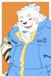  2023 absurd_res anthro belly black_nose canid canine canis clothed clothing domestic_dog eyes_closed fur hi_res kemono lifewonders live_a_hero male mammal overweight overweight_male penguin0700 simple_background solo white_body white_fur yohack 