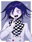  1boy :d a_(poipiku_325815) blue_background border buttons checkered_clothes checkered_scarf commentary_request crown danganronpa_(series) danganronpa_v3:_killing_harmony finger_to_mouth hand_up jacket long_sleeves looking_to_the_side male_focus oma_kokichi open_mouth purple_eyes purple_hair scarf short_hair smile solo straitjacket upper_body white_border white_jacket 
