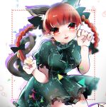  1girl animal_ear_fluff animal_ears black_bow black_ribbon blunt_bangs blush bow bowtie braid cat_ears cat_tail commentary_request dress ear_ribbon fingernails frilled_bowtie frilled_dress frilled_sleeves frills green_bow green_bowtie green_dress hair_bow highres kaenbyou_rin leaning_forward long_hair multiple_tails nekomata one-hour_drawing_challenge open_mouth paw_pose puffy_short_sleeves puffy_sleeves red_eyes red_hair ribbon sharp_fingernails short_dress short_sleeves smile suzune_hapinesu tail touhou triangle twin_braids two_tails white_background 