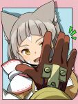  1boy 1girl animal_ears border brown_eyes brown_gloves cat_ears facial_mark fangs gloves grey_hair hand_to_hand highena highres looking_at_viewer nia_(xenoblade) outstretched_hand pink_border pov rex_(xenoblade) short_hair smile upper_body whisker_markings xenoblade_chronicles_(series) xenoblade_chronicles_2 