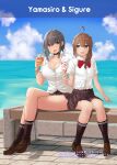  2girls absurdres ahoge alternate_costume bench black_choker black_skirt black_socks blue_eyes blue_sky bow bowtie braid breasts brown_footwear brown_hair choker cleavage cloud collared_shirt commentary_request cropped_legs day dress_shirt drink hair_flaps hair_over_shoulder highres horizon ice_cream_bar jouzaburou_(joe3) kantai_collection large_breasts legs loafers long_hair multiple_girls ocean outdoors pleated_skirt red_bow red_bowtie red_eyes school_uniform shigure_(kancolle) shirt shoes short_hair single_braid sitting skirt sky socks translation_request white_shirt yamashiro_(kancolle) 