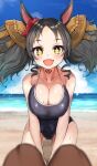  +_+ 1girl 1other :d akizuki_shigure ass_visible_through_thighs bare_shoulders beach black_hair blue_one-piece_swimsuit blurry breasts cleavage collarbone competition_school_swimsuit depth_of_field drill_locks ear_scrunchie fang highres horse_girl large_breasts looking_at_viewer marvelous_sunday_(umamusume) one-piece_swimsuit pov_legs red_scrunchie school_swimsuit scrunchie skin_fang smile solo_focus swimsuit tracen_swimsuit twintails umamusume 