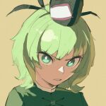  1girl black_headwear blast-7 brown_background commentary green_eyes green_hair hat highres looking_at_viewer parted_lips short_hair simple_background soga_no_tojiko solo tate_eboshi touhou upper_body 