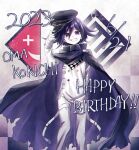  1boy 2023 absurdres black_cape black_headwear buttons cape character_name checkered_clothes checkered_scarf danganronpa_(series) danganronpa_v3:_killing_harmony dated double-breasted feet_out_of_frame flipped_hair grin hair_between_eyes hand_up happy_birthday hat highres holding holding_clothes holding_hat jacket kokonoe_mituru multicolored_background oma_kokichi pants purple_cape purple_eyes purple_hair scarf smile solo teeth torn_cape torn_clothes white_jacket white_pants 