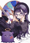  1girl :3 absurdres adjusting_eyewear beret dress glasses halo hat highres hololive hololive_english long_hair long_sleeves looking_at_viewer ninomae_ina&#039;nis official_alternate_costume open_mouth paint paintbrush palette_(object) pointy_ears purple_eyes purple_hair smile sumisumire00 takodachi_(ninomae_ina&#039;nis) tentacle_hair virtual_youtuber 