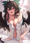  1girl ahoge all_fours bed_sheet bird_wings black_hair black_wings blurry blurry_background blush bow breasts cleavage curtains feathered_wings green_bow hair_between_eyes hair_bow highres indoors large_breasts long_hair long_sleeves looking_at_viewer open_clothes open_mouth open_shirt red_eyes reiuji_utsuho shirt smile solo touhou white_shirt window wings wowoguni 