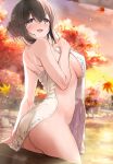  1girl ass bare_shoulders black_hair blue_eyes blush breasts covering hair_between_eyes hair_bun highres holding holding_towel idolmaster idolmaster_cinderella_girls leaf maple_leaf medium_breasts mk_(mod0) naked_towel nude onsen open_mouth sagisawa_fumika sideboob single_hair_bun smile solo steam thighs towel water wet_towel white_towel 