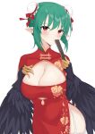  1girl absurdres black_feathers black_wings blush breasts china_dress chinese_clothes claws cleavage cleavage_cutout clothing_cutout commentary double_bun dress english_commentary feathers garter_straps green_hair hair_bun harpy highres hzhc indie_virtual_youtuber large_breasts lincoro mole mole_under_eye monster_girl pointy_ears red_dress red_eyes short_hair solo thighhighs tiara virtual_youtuber white_thighhighs winged_arms wings 