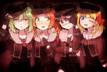  4girls black_background black_headwear black_jacket black_shirt black_shorts blonde_hair blue_eyes brown_hair closed_mouth ensemble_girls! eyepatch fujii_shizuku green_eyes green_hair hat highres idol_clothes jacket kuromori_suzu light_green_hair multiple_girls niko_(nikooo2016) one_eye_closed open_mouth orange_hair parody red_eyes shirt shorts smile sone_seira style_parody tsukinaga_ruka yellow_eyes 