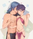  2boys :o adam&#039;s_apple arabian_clothes belly_chain blue_eyes blue_hair blush body_chain chain_necklace chinese_commentary closed_eyes collarbone commentary_request cowboy_shot dated flying_sweatdrops gem glint hands_up harem_outfit head_kiss heart highres holding_hands interlocked_fingers jewelry kiss kiyonagi linea_alba loincloth long_hair male_focus multiple_boys navel necklace one_eye_closed original otoko_no_ko pectorals pelvic_curtain pendant ponytail purple_hair shawl short_hair side-by-side standing stomach toned toned_male yaoi 